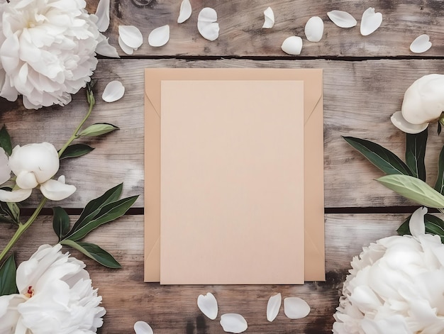 Elegant Peonies and Blank Card on Rustic Wooden Background