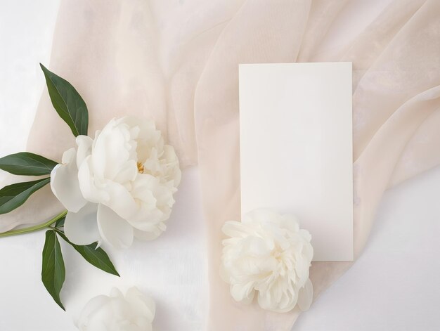 Elegant Peonies and Blank Card on Rustic Wooden Background