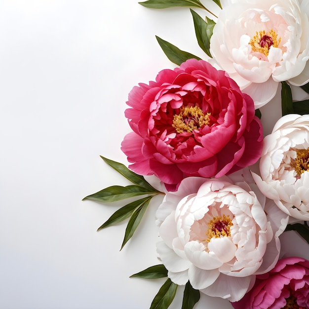 Photo elegant peonies in white and pink with green leaves floral arrangement white background copy space