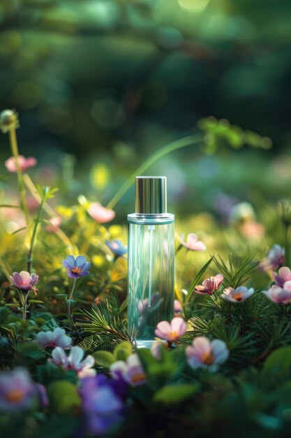 Photo elegant perfume bottle amid blossoming flowers and sunlit leaves for fresh spring scents