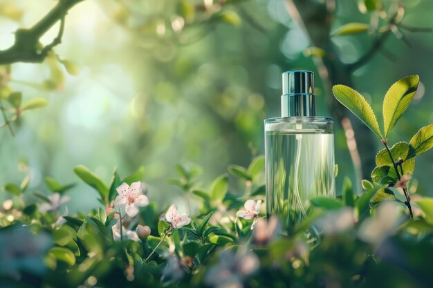 Photo elegant perfume bottle amid blossoming flowers and sunlit leaves for fresh spring scents