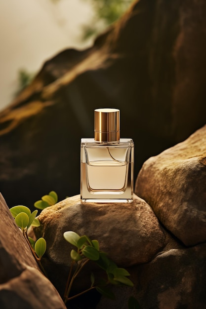 Elegant perfume bottle amidst nature