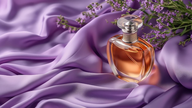 Elegant Perfume Bottle Displayed on Luxurious Folded Purple Silk Fabric Ideal