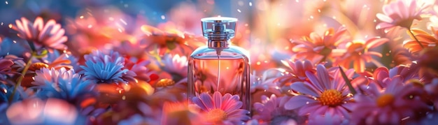 Elegant perfume bottle surrounded by a burst of colorful flowers highspeed macro style