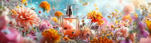 Elegant perfume bottle surrounded by a burst of colorful flowers highspeed macro style