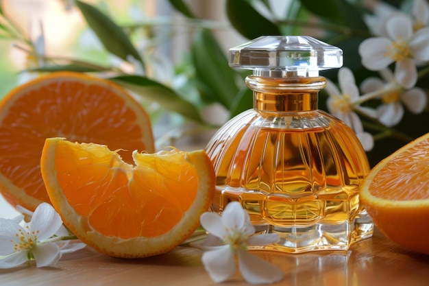 Elegant perfume bottle surrounded by orange slices and white flowers