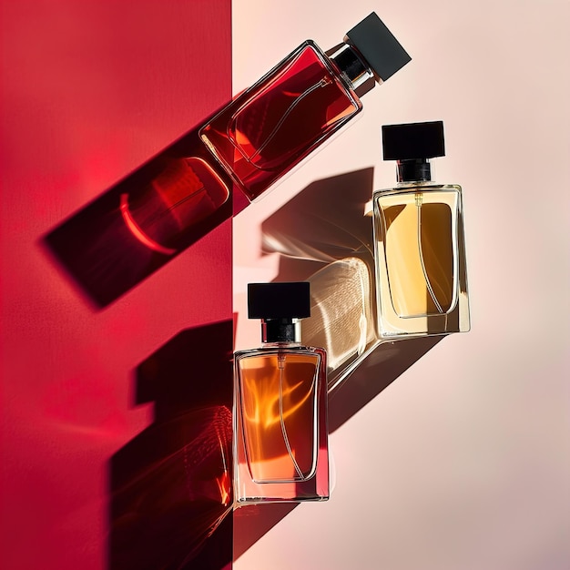 Photo elegant perfume bottles with shadows displayed on a background with dualtone colors