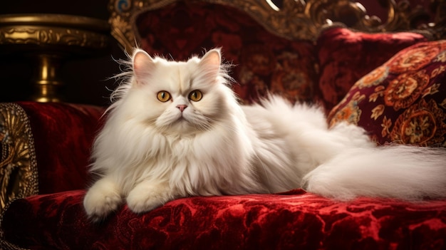 Elegant Persian Cat with Amber Eyes on Plush Velvet Sofa in Opulent Living Room