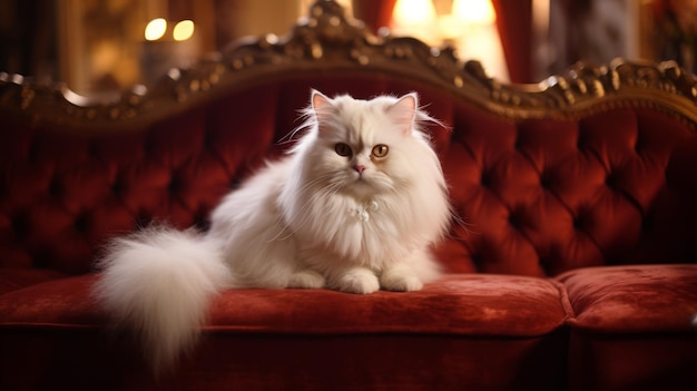 Elegant Persian Cat with Amber Eyes Resting on Plush Velvet Sofa in Opulent Vintage Living Room