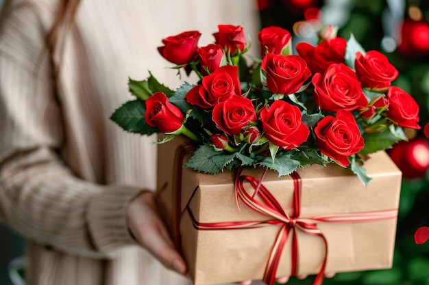 Elegant Person Holding a Gift Box Adorned with Vibrant Red Roses in Front of a Festive Christmas