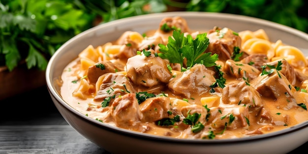 Photo elegant photo of beef stroganoff with tender beef in creamy sauce concept food photography beef stroganoff elegant presentation creamy sauce tender beef