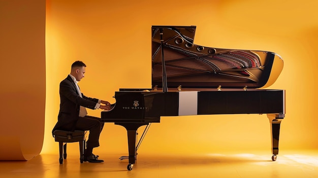 Photo elegant pianist in harmony with grand piano