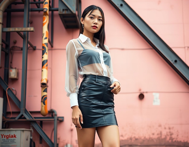 Photo elegant picture chic woman in a leather mini skirt and sheer blouse