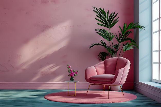 Elegant Pink Armchair in Modern Living Room Interior with Plants and Sunshine