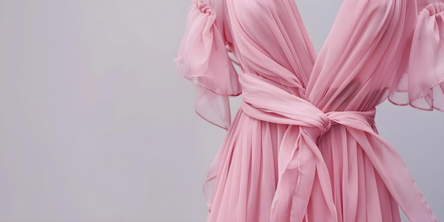 Elegant pink chiffon dresses with ribbons on isolated background in coquette style Concept Fashion Photography Girly Outfits Feminine Accessories Romantic Style Graceful Poses