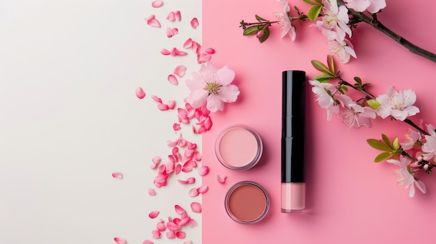 Elegant pink cosmetics with flower blossoms on a pink background