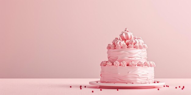 Photo elegant pink festive cake on a pastel pink background perfect for weddings birthdays and celebrations copy space