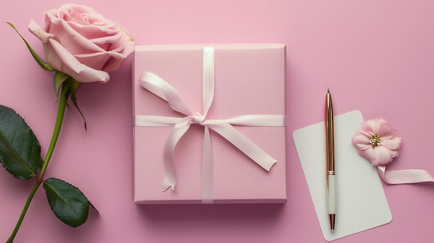 Elegant Pink Gift Box with Rose and Blank Card