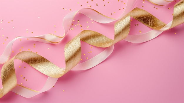 Elegant pink and gold ribbons with confetti on a pink background