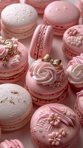 Photo elegant pink macarons with decorative floral and bow toppings perfect for celebrations and special occasions