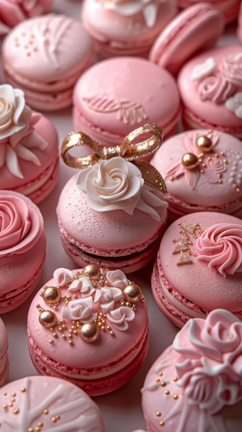 Photo elegant pink macarons with decorative floral and bow toppings perfect for celebrations and special occasions