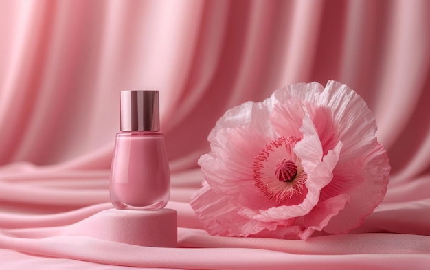 Elegant pink nail polish bottle with delicate poppy flowers on satin fabric