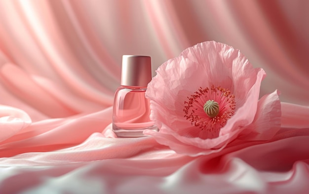 Elegant pink nail polish bottle with delicate poppy flowers on satin fabric