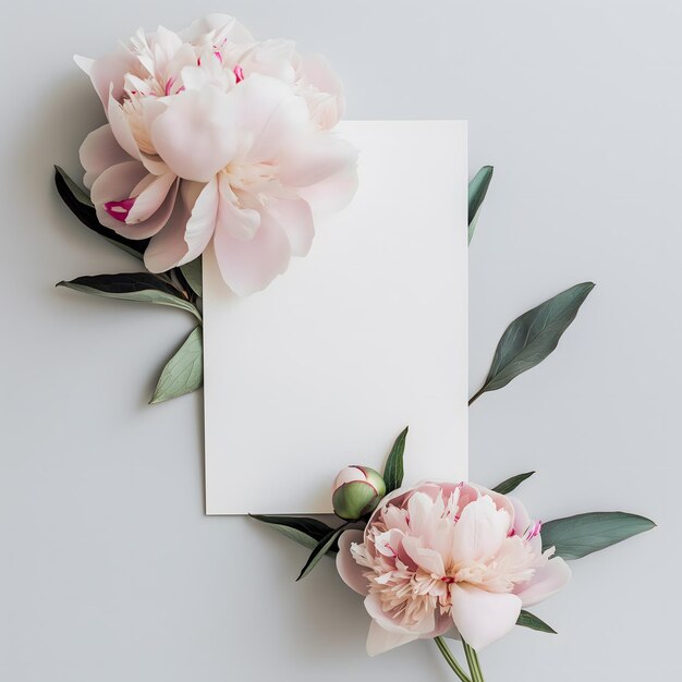 Elegant Pink Peonies with Blank Card on White Background for Invitations