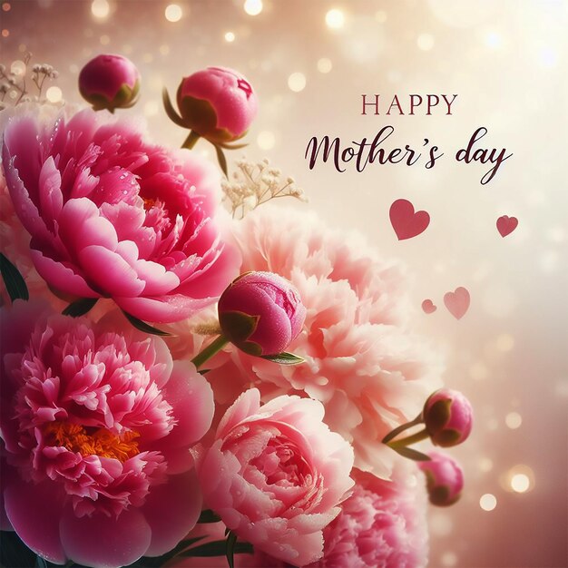 Elegant Pink Peonies with Happy Mothers Day Celebration on Bokeh Background