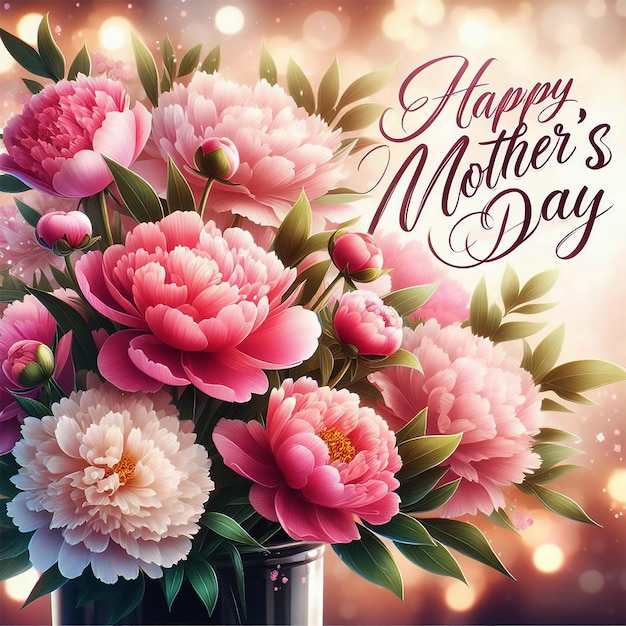 Elegant Pink Peonies with Happy Mothers Day Celebration on Bokeh Background