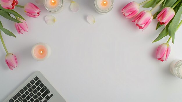 Photo elegant pink peony tulip flowers with candles on white laptop