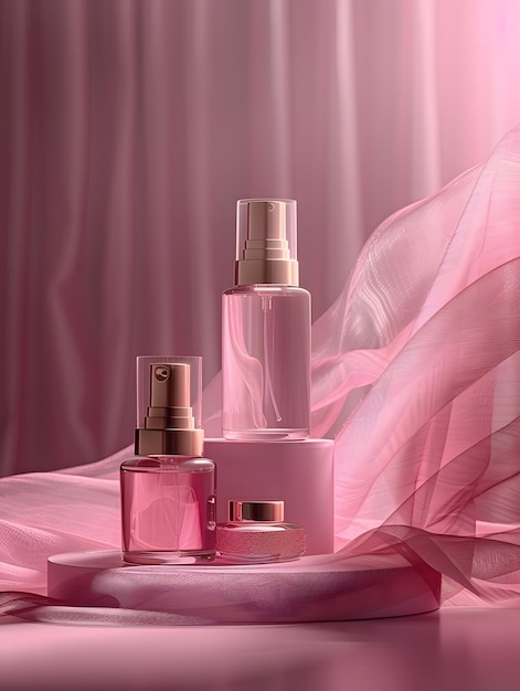 Elegant Pink Perfume Bottles with Sheer Fabric Generative Ai