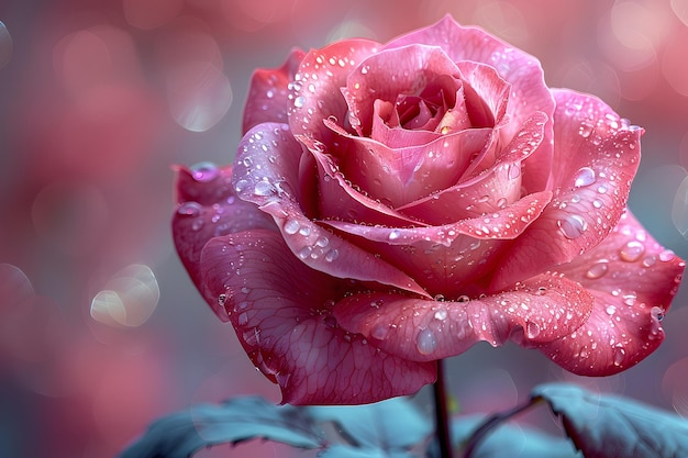 Elegant Pink Rose with Dewdrops on Petals against Blurred Bokeh Background Ideal for Print Card Design Poster