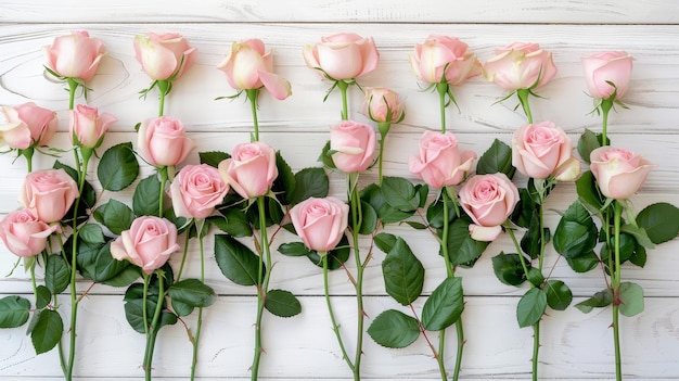 Photo elegant pink roses on white floor a minimalist design for wedding invitations and celebrations