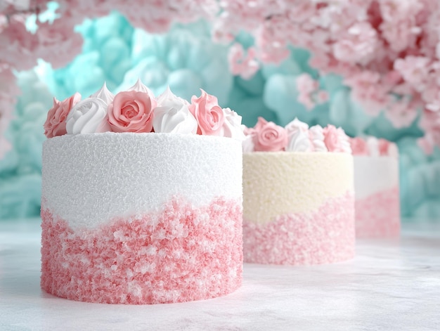 Photo elegant pink and white cakes decorated with roses