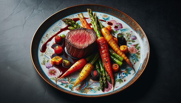 Photo elegant plate of beef and colorful vegetables