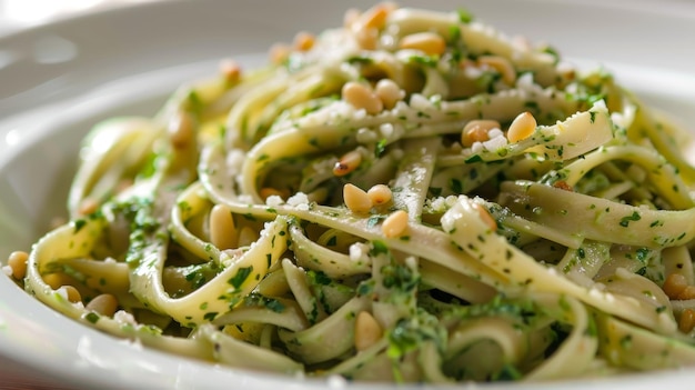 An elegant plate of buckwheat fettuccine tossed in a garlic butter sauce and sprinkled with toasted