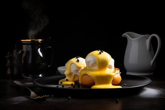 Elegant plate of egg Benedict and coffee on a black background generative IA