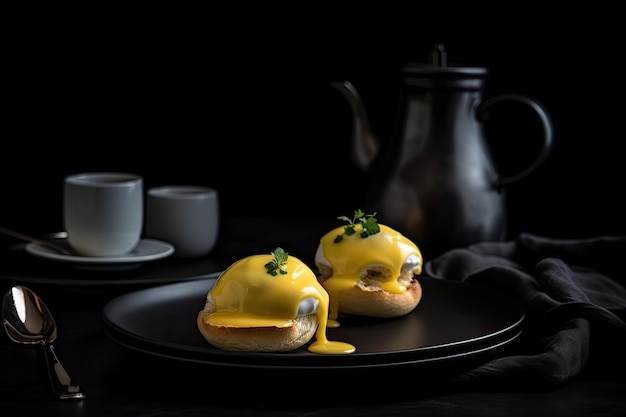 Elegant plate of egg Benedict and coffee on a black background generative IA