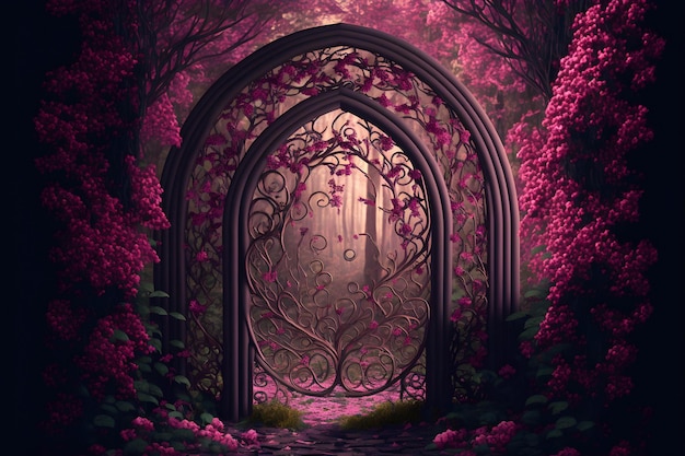 Elegant portal in floral arch on pink fairy tale forest glade. Glamorous gate for maleficent.