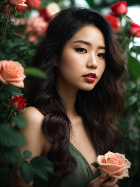 Elegant Portrait of an Asian Woman Embracing Nature Amidst Lush Greenery