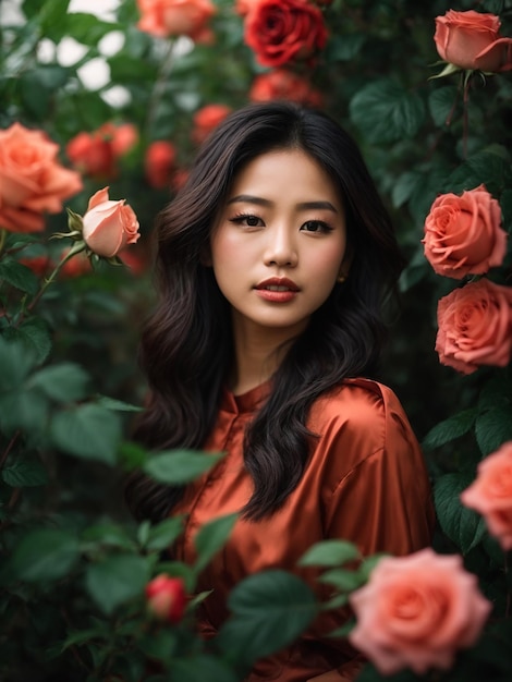 Elegant Portrait of an Asian Woman Embracing Nature Amidst Lush Greenery