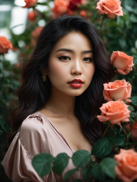 Elegant Portrait of an Asian Woman Embracing Nature Amidst Lush Greenery