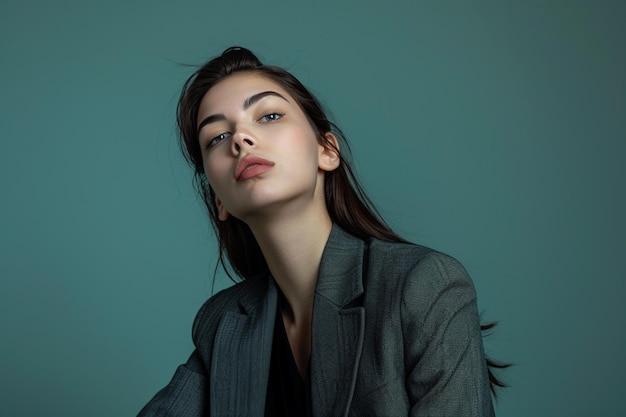 Elegant portrait of a Beautiful woman in a charcoal gray jacket posed in a studio with a cool mint background featuring refined style