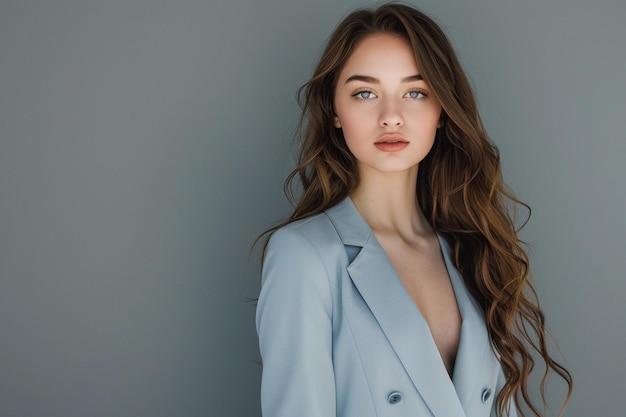 Elegant Portrait of a Beautiful Woman in Slate Blue Blazer Studio with Cool Gray Background Focus