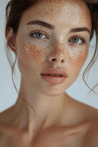 Elegant portrait of a beautiful woman with freckles on her face looking at the camera white backg