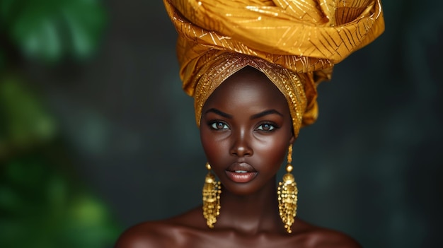 Elegant Portrait of a Beautiful Young African Woman in Traditional Head Wrap and Earrings