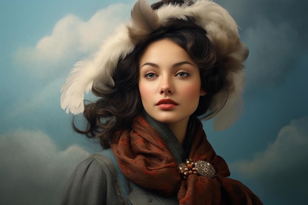 Elegant portrayal of a beautiful woman donning a hat exuding sophistication and timeless style