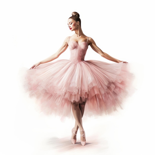 Elegant Pose A Realistic Full Body Illustration of a Ballerina in Tutu on a Serene White Background