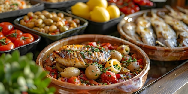 Photo elegant presentation of classic portuguese dish showcasing codfish and various side dishes concept portuguese cuisine codfish dishes side dish selection elegant food presentation